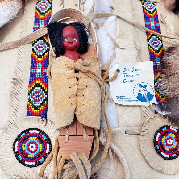 Vtg Native American Cradleboard 26x17 Rustic Lodge Western Wall Hanging Fox Fur